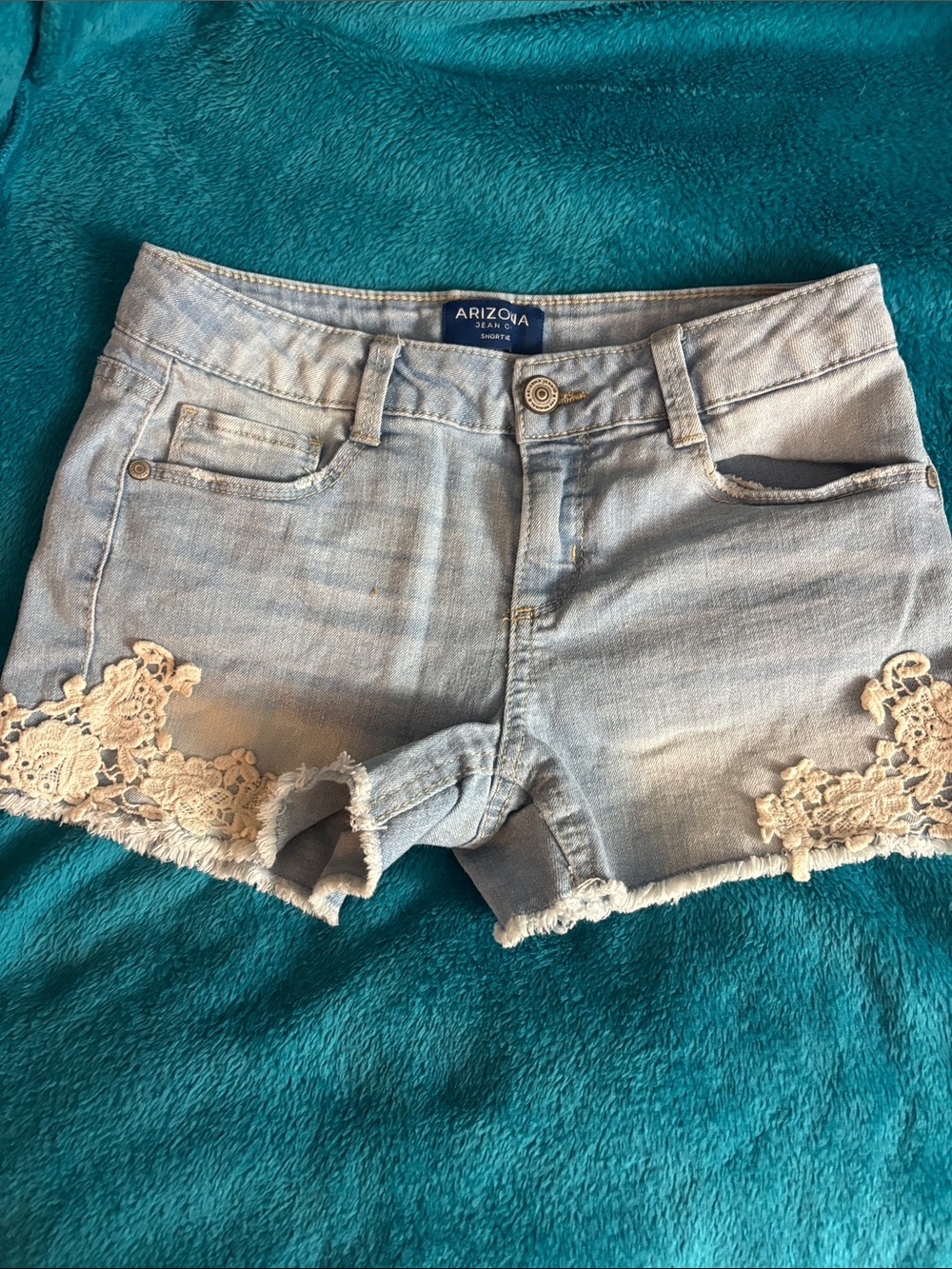 Arizona Light Blue Denim Shorts with Cream Lace Accents